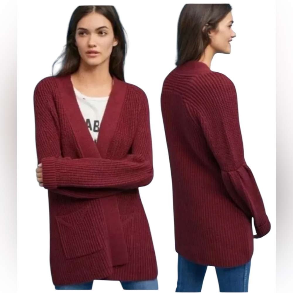 Anthropologie Knitted & Knotted Posie Chunky Burgundy Cardigan Sweater Size S